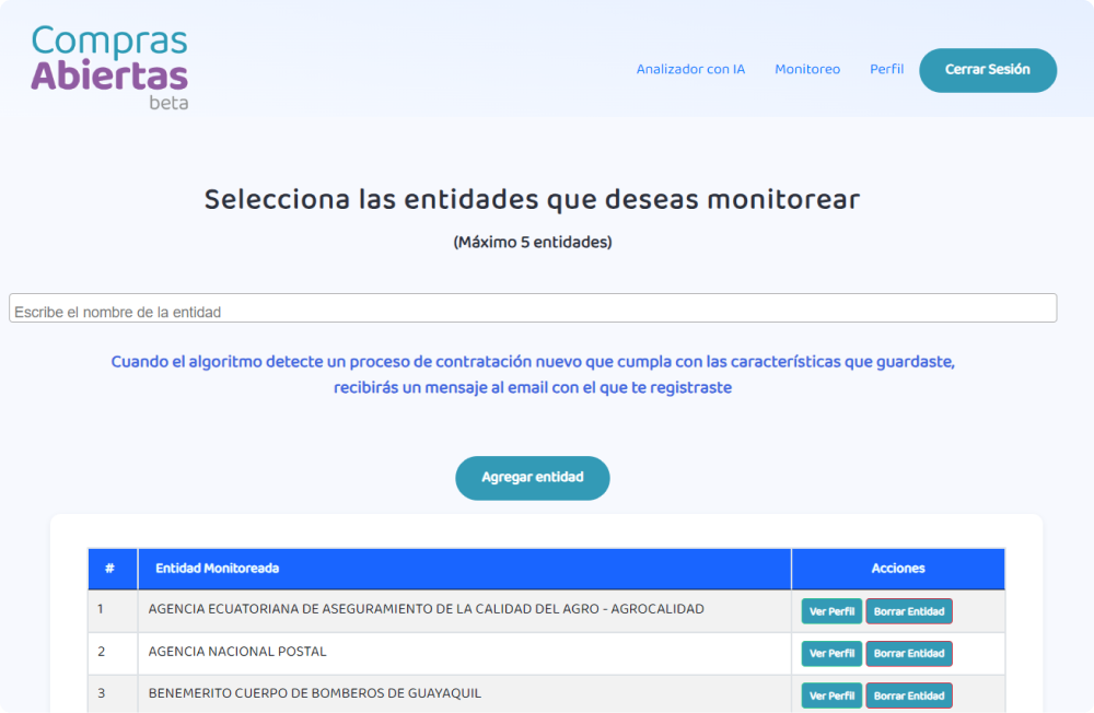 Compras abiertas - Listado de entidades